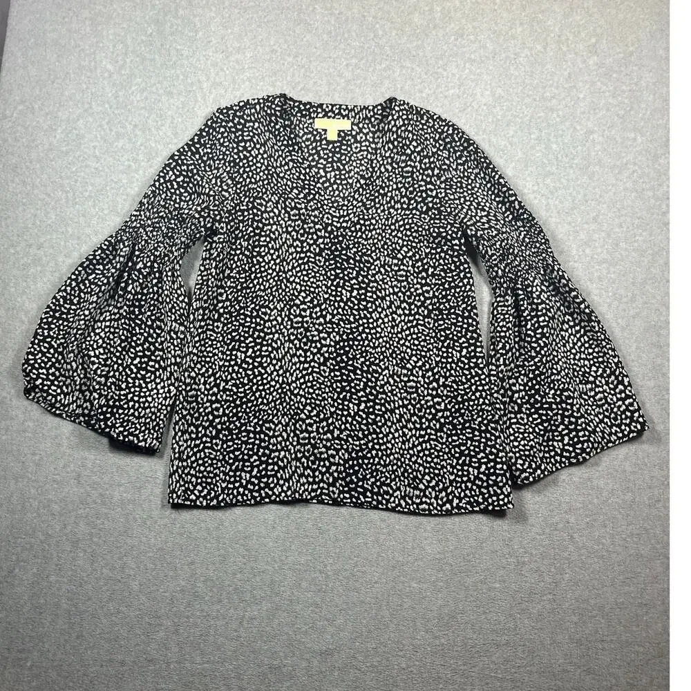 Michael Kors Blouse Top Women's Size Small Black and White V-Neck Bell Sleeve